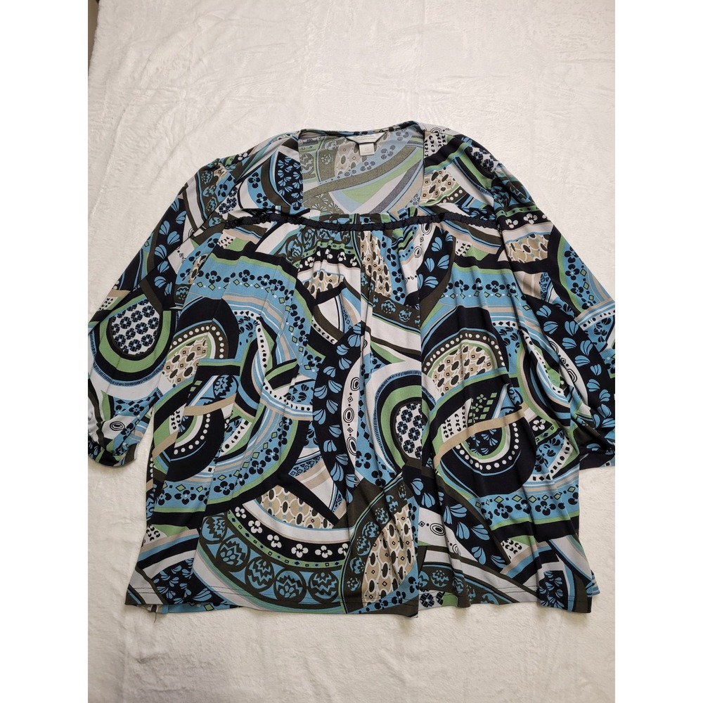 CJ Banks Top Women 3X Blue Green Multi Abstract Square Neck 3/4 Sleeve